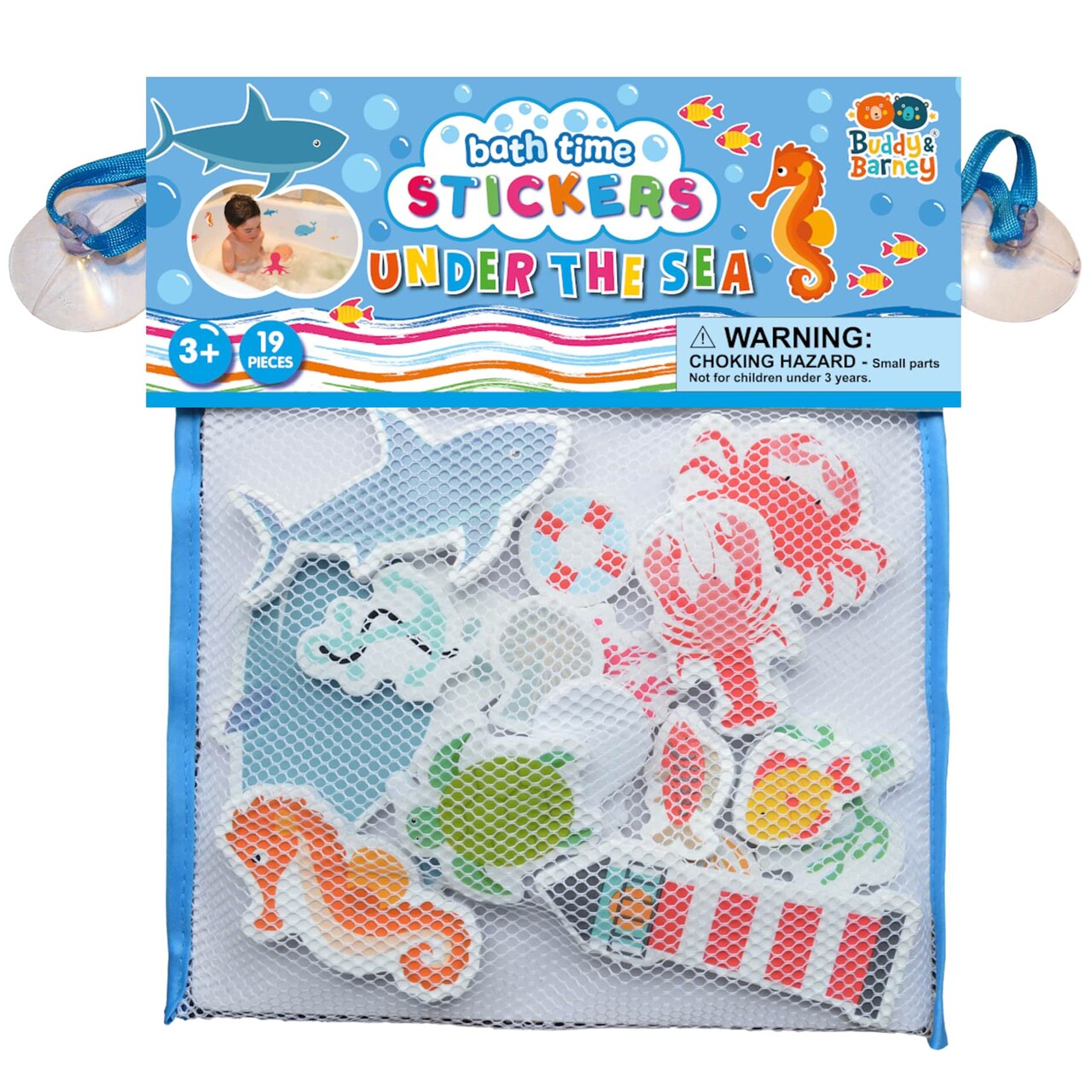 Buddy & Barney: Bath Time Stickers - Under the Sea - 18 Ocean Animal Character Foam Pieces, Suction Cup Mesh Storage Bag, Water & Tub Play Toy, Kid 3+
